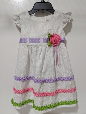 SZ 18 Mo Rare Too! Infant White Seersucker Ruffled Pastel Ribbon Tiered Dress